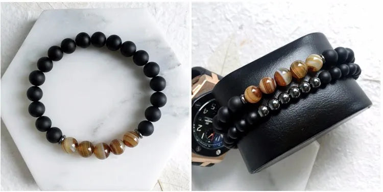 Glass Stone Beaded 6 / 8mm Bracelet Combination 2-Piece Set