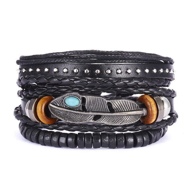 Turquoise Men's Woven Leather Wooden Bead Bracelet