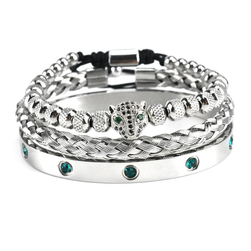 Micro-inlaid Green Eye Leopard Head Bracelet Stainless Steel Green Zircon Ten Diamond Bracelet