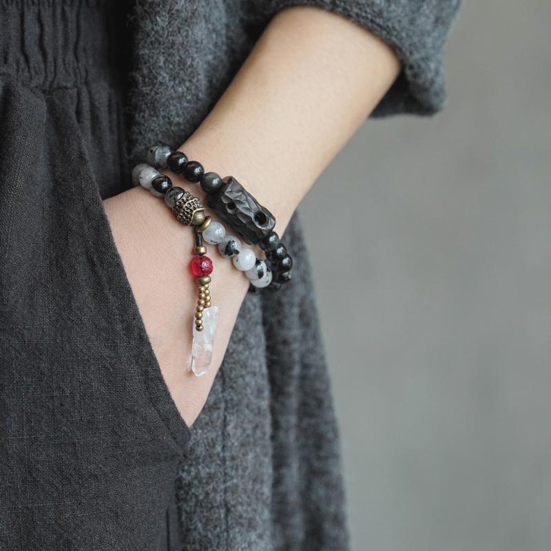 Ethnic Style Black Hair Crystal Bracelet White Crystal Tassel
