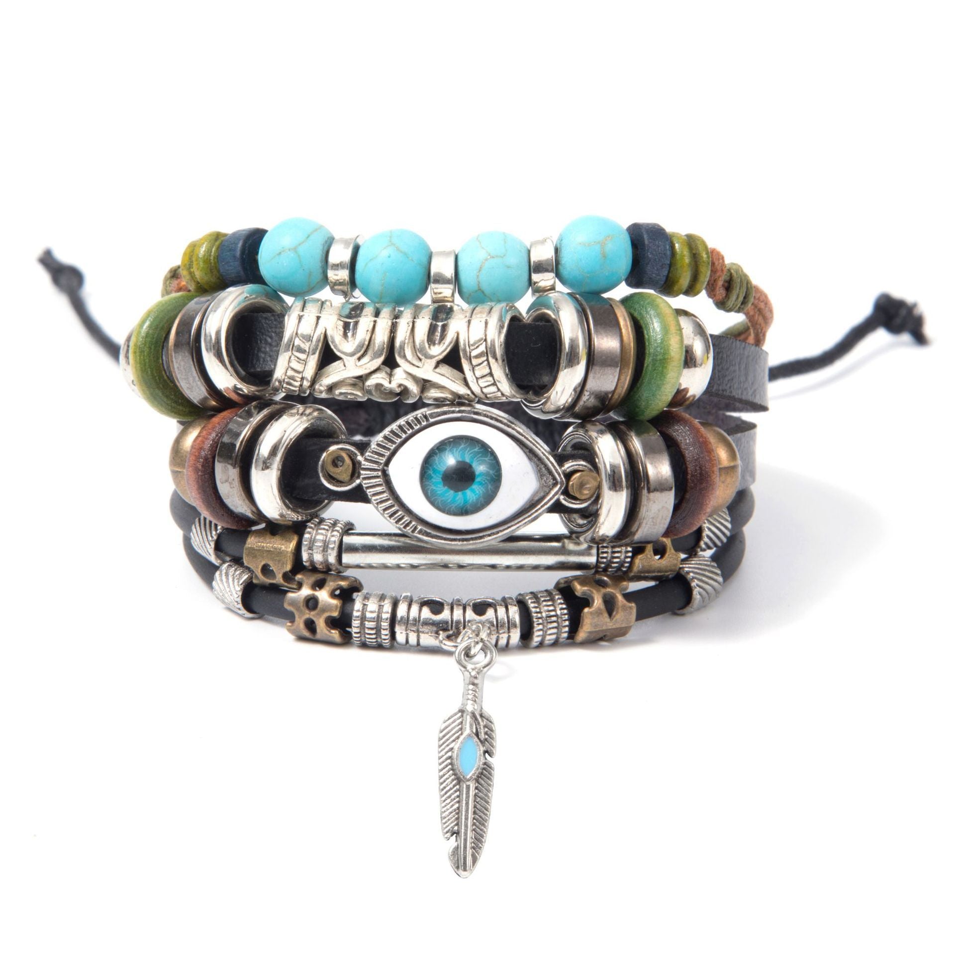 Turquoise Men's Woven Leather Wooden Bead Bracelet