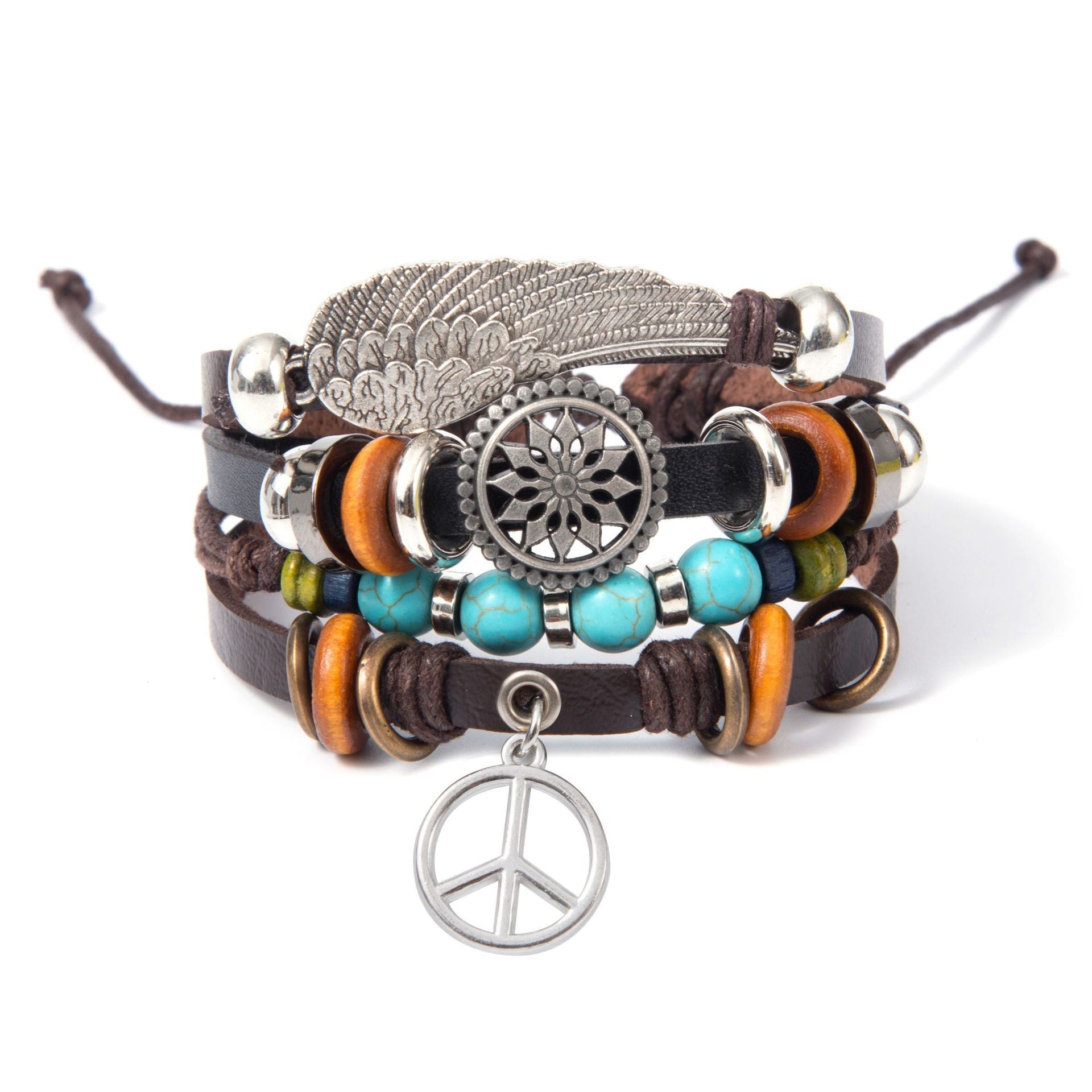 Turquoise Men's Woven Leather Wooden Bead Bracelet