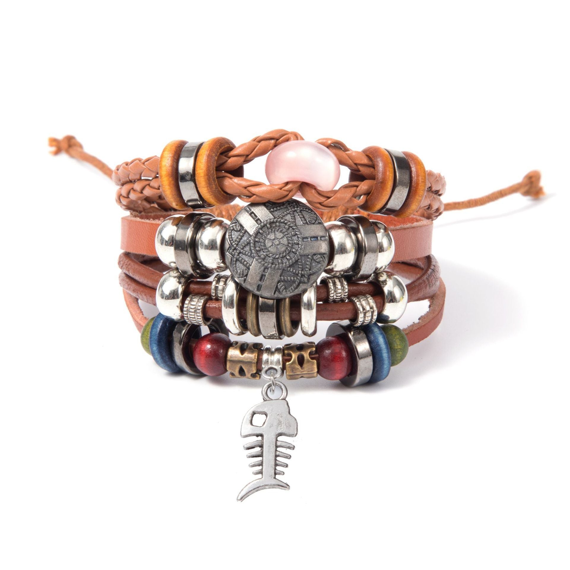 Turquoise Men's Woven Leather Wooden Bead Bracelet