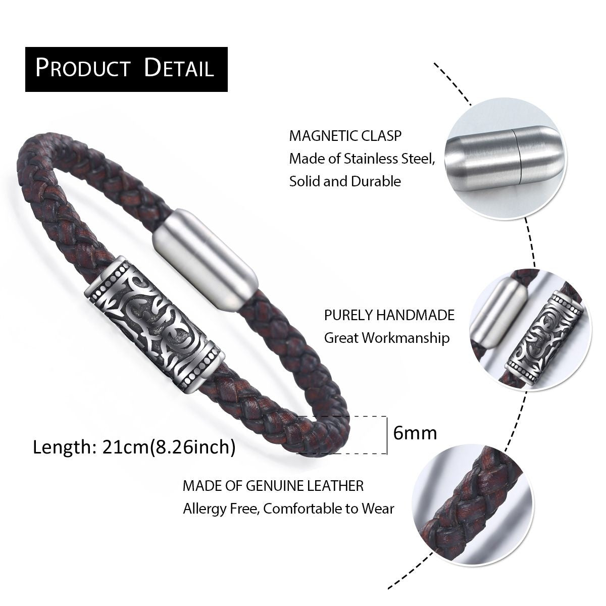 Men's Braided Leather Bracelet with Stainless Steel Magnetic Clasp – Vintage Style