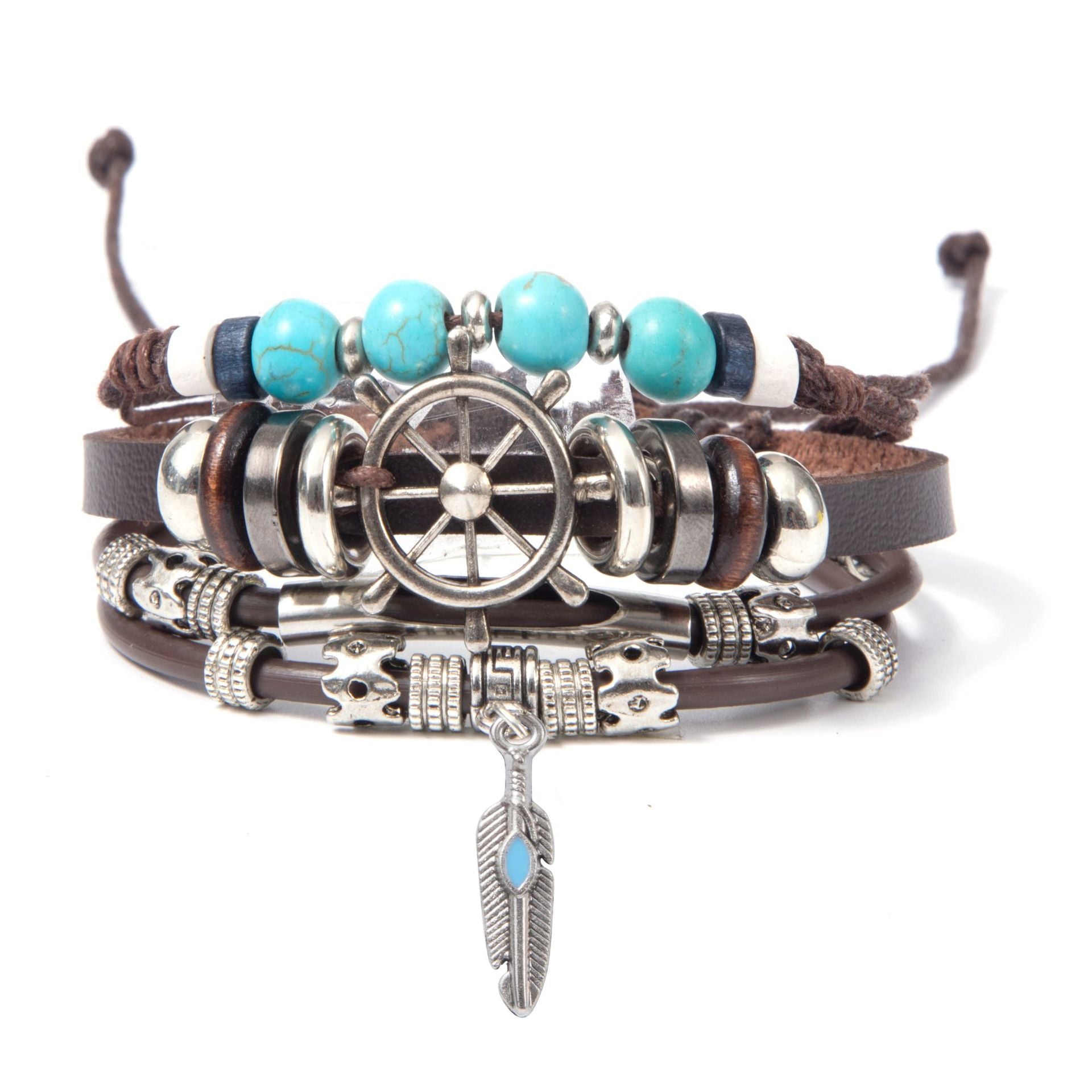 Turquoise Men's Woven Leather Wooden Bead Bracelet