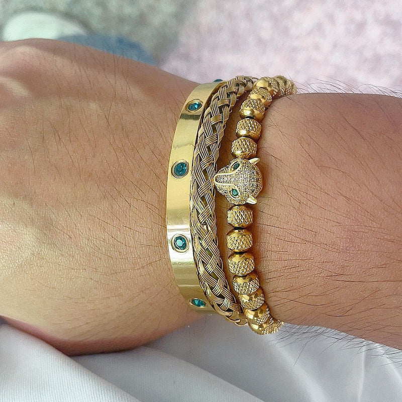 Micro-inlaid Green Eye Leopard Head Bracelet Stainless Steel Green Zircon Ten Diamond Bracelet