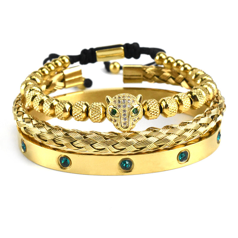 Micro-inlaid Green Eye Leopard Head Bracelet Stainless Steel Green Zircon Ten Diamond Bracelet