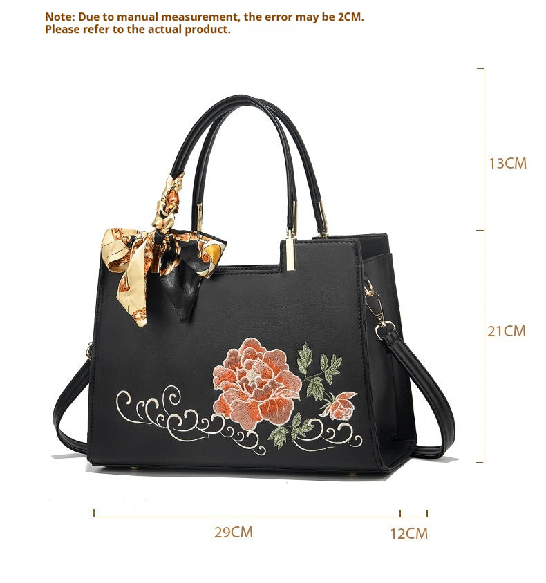 Women's Large Capacity Tote Bag – Elegant Embroidered Handbag with Floral Design & Scar