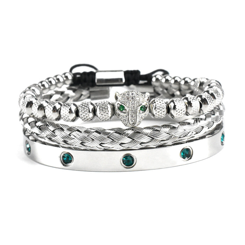Micro-inlaid Green Eye Leopard Head Bracelet Stainless Steel Green Zircon Ten Diamond Bracelet