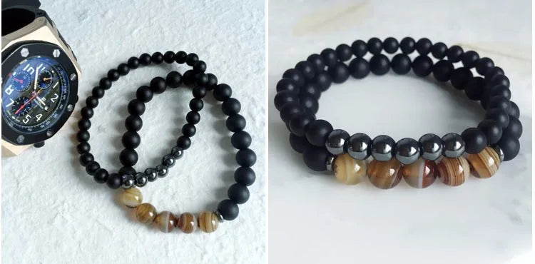Glass Stone Beaded 6 / 8mm Bracelet Combination 2-Piece Set