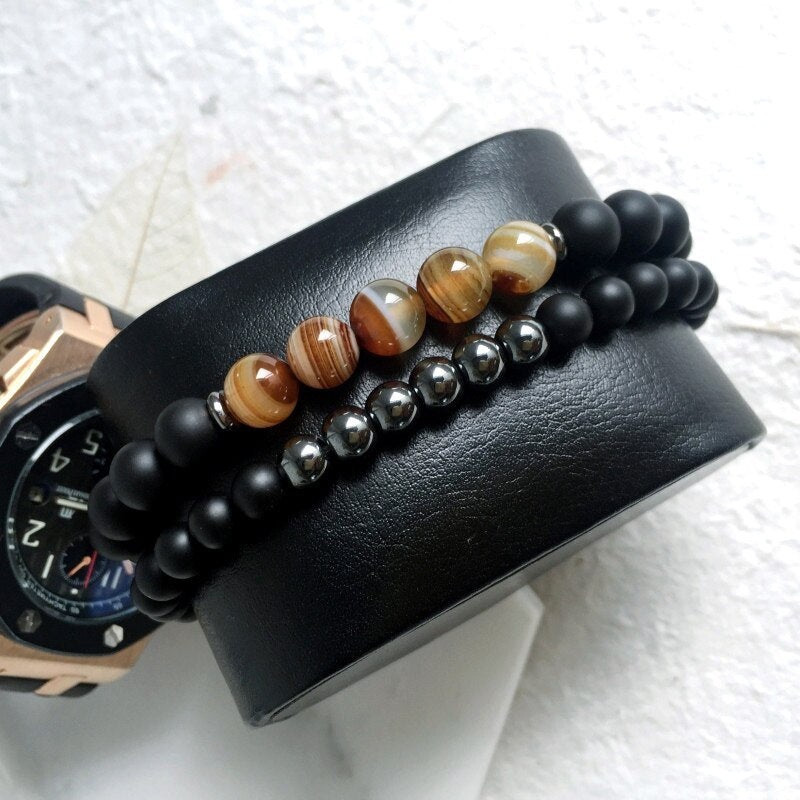 Glass Stone Beaded 6 / 8mm Bracelet Combination 2-Piece Set