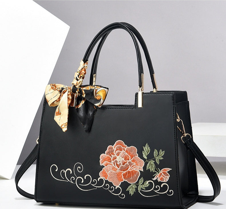 Women's Large Capacity Tote Bag – Elegant Embroidered Handbag with Floral Design & Scar