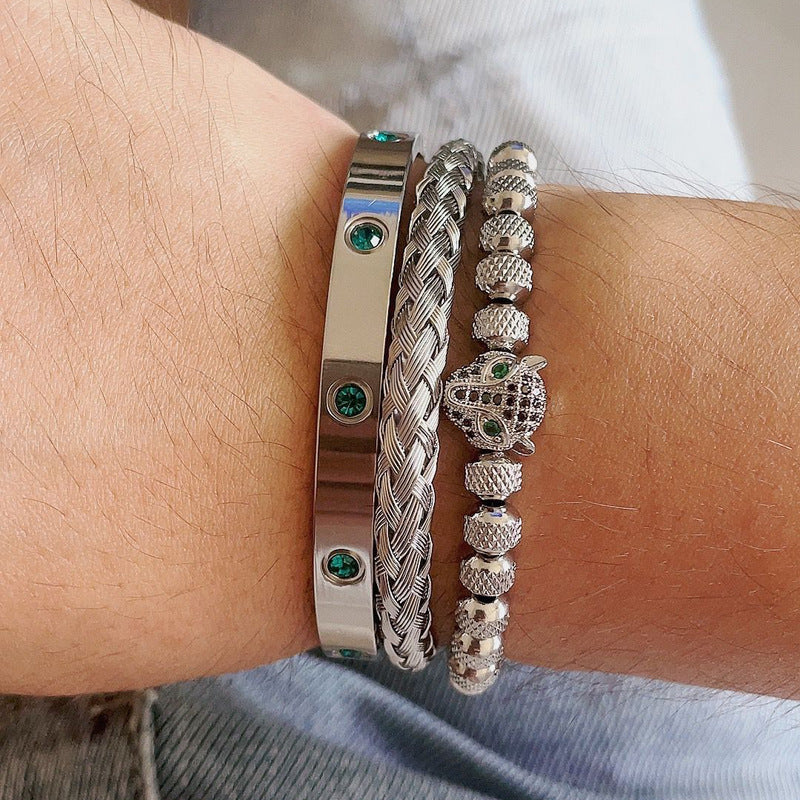 Micro-inlaid Green Eye Leopard Head Bracelet Stainless Steel Green Zircon Ten Diamond Bracelet