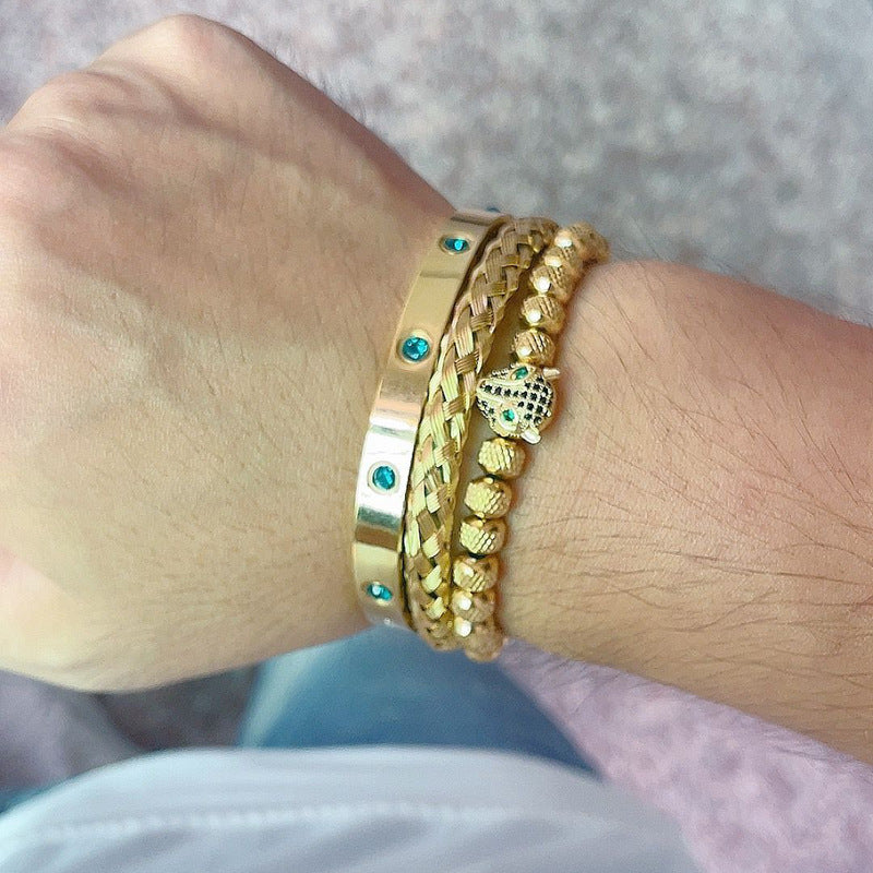 Micro-inlaid Green Eye Leopard Head Bracelet Stainless Steel Green Zircon Ten Diamond Bracelet