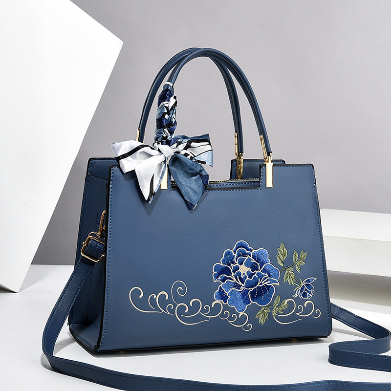 Women's Large Capacity Tote Bag – Elegant Embroidered Handbag with Floral Design & Scar
