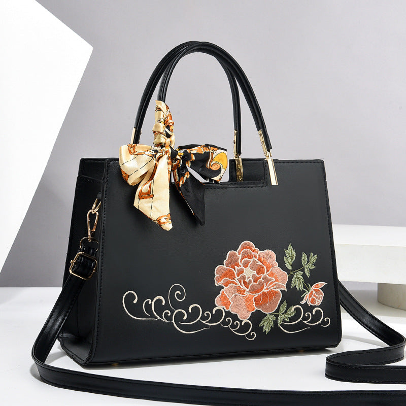 Women's Large Capacity Tote Bag – Elegant Embroidered Handbag with Floral Design & Scar