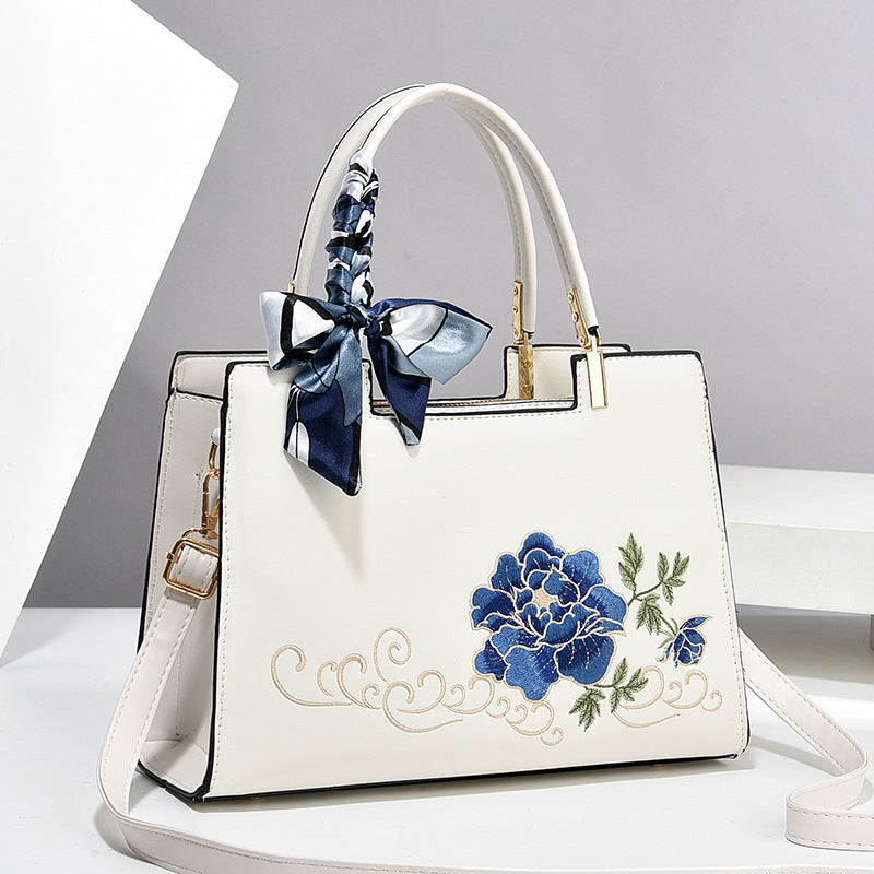 Women's Large Capacity Tote Bag – Elegant Embroidered Handbag with Floral Design & Scar
