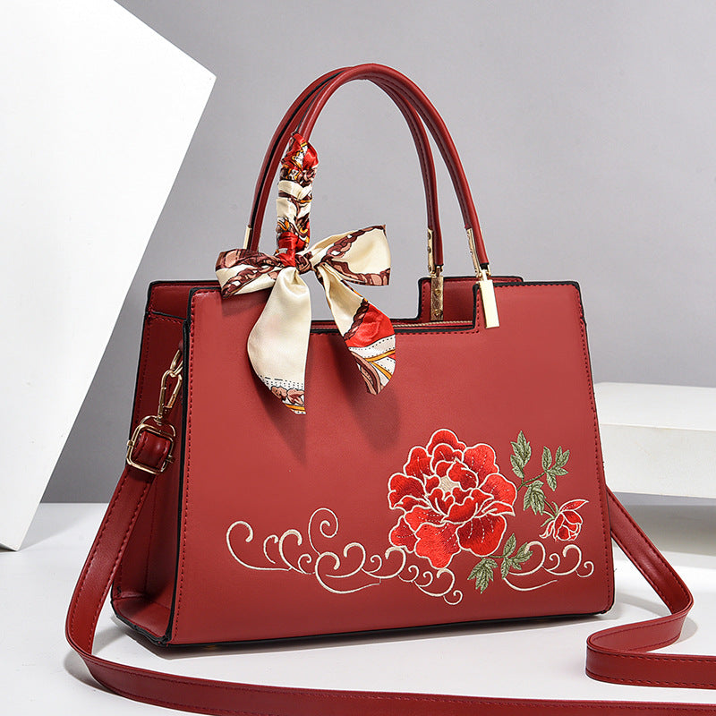 Women's Large Capacity Tote Bag – Elegant Embroidered Handbag with Floral Design & Scar