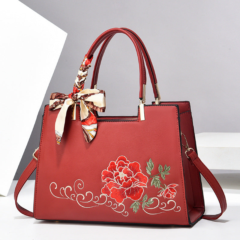 Women's Large Capacity Tote Bag – Elegant Embroidered Handbag with Floral Design & Scar