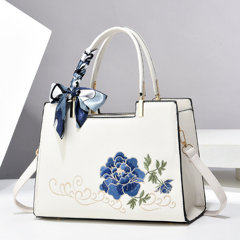Women's Large Capacity Tote Bag – Elegant Embroidered Handbag with Floral Design & Scar