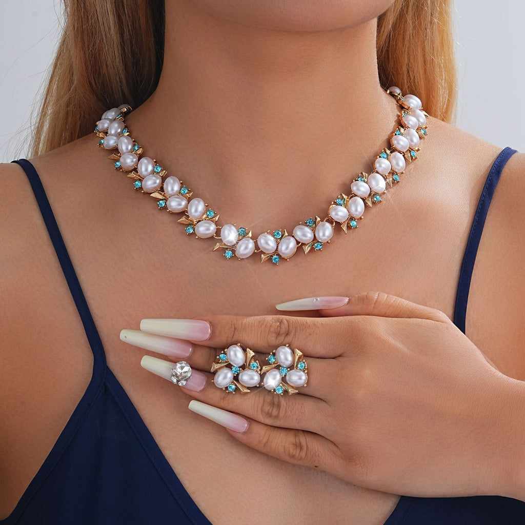 Turquoise Pearl Necklace And Earrings Suite - MONTIRES