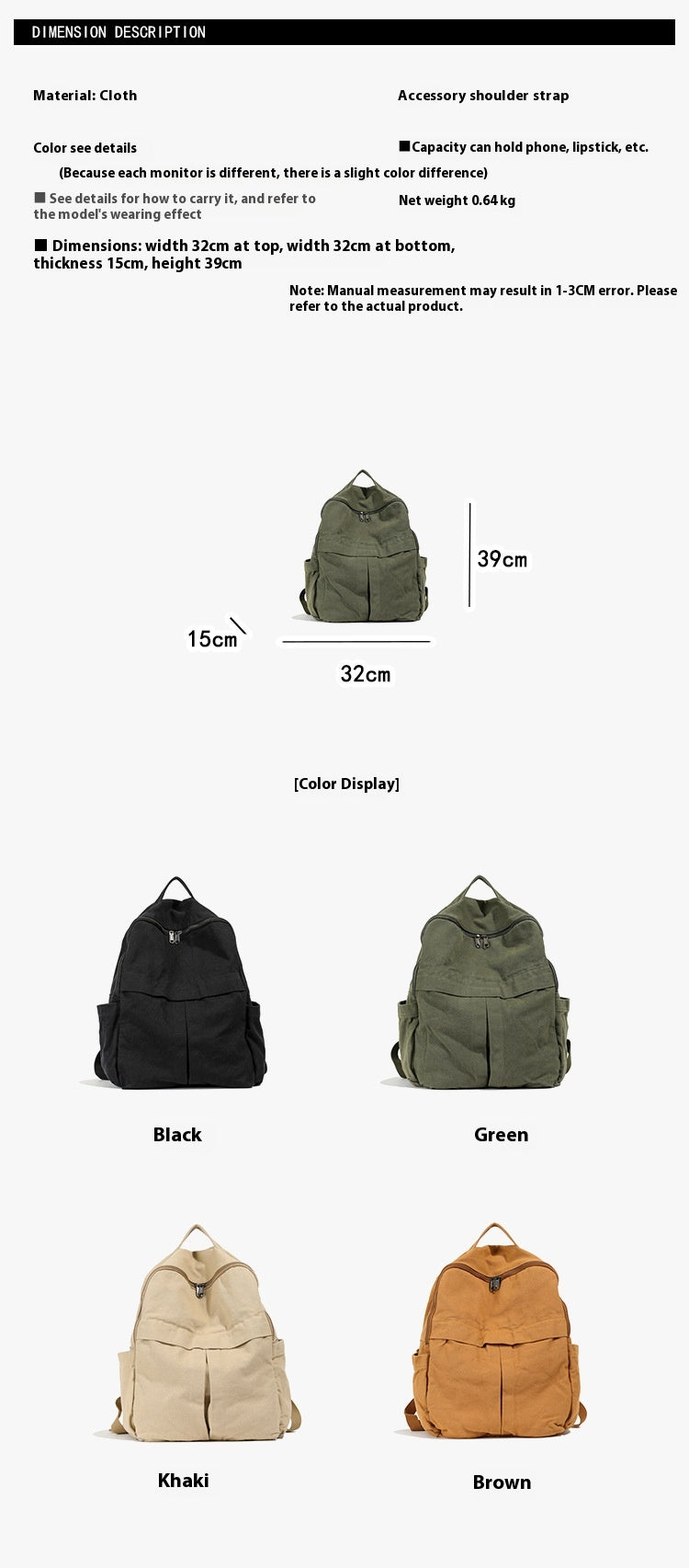 New Washed Canvas Backpack Women's Large Capacity Retro Trendy College Student