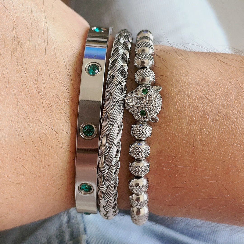 Micro-inlaid Green Eye Leopard Head Bracelet Stainless Steel Green Zircon Ten Diamond Bracelet