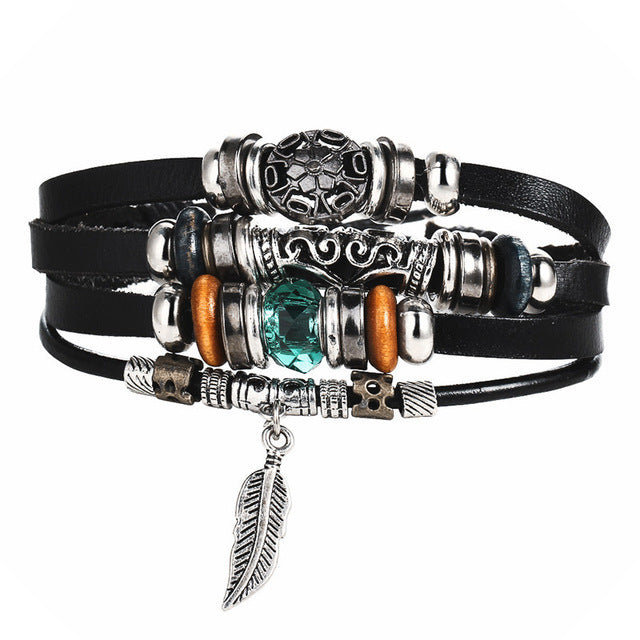 Turquoise Men's Woven Leather Wooden Bead Bracelet